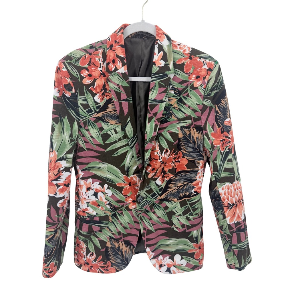 Zara Man Floral Tropical Blazer Mens Medium Cotton Single Button Sport Coat